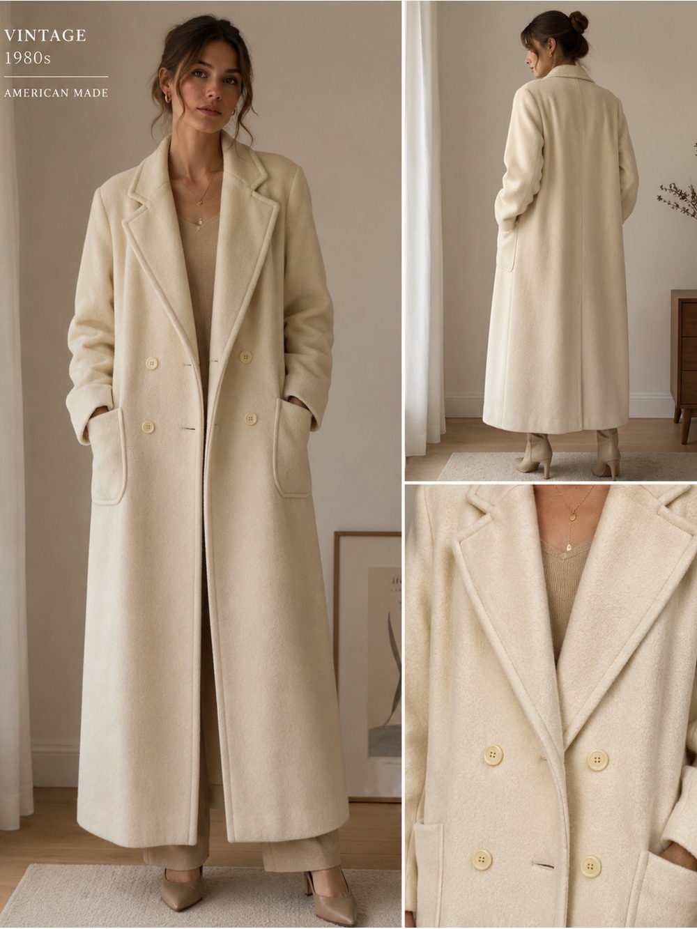 Vintage Cream Long Wool Coat